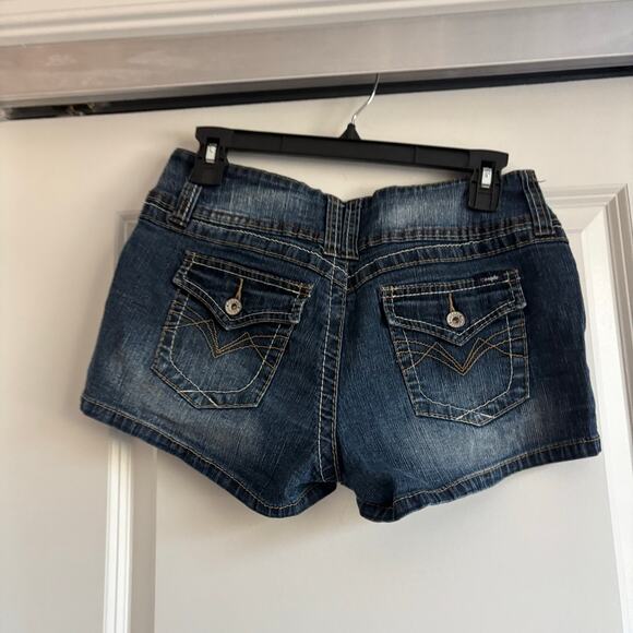 Y2K Angels Low Rise Denim Jean Shorts Dark Wash 3 Button Fly Vtg 2000s Sz 8 - Picture 2 of 5